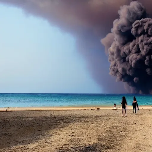 Prompt: a press photography tourists escaping a Crimean beach ⛱️ , explosions in the background, dark smoke in the distance, blue sky