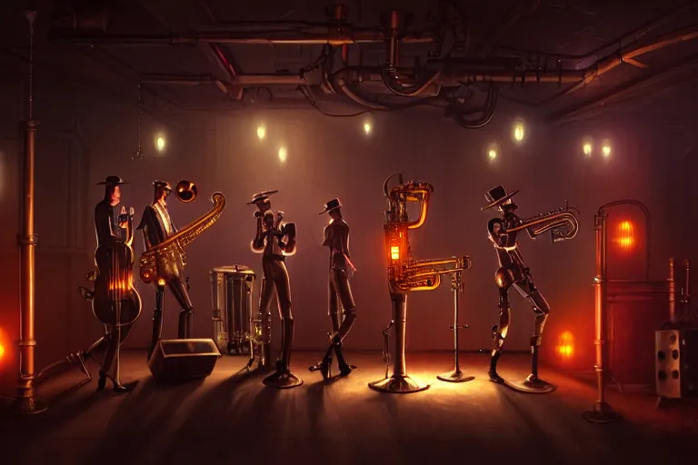 Image similar to 3 steampunk robot jazz musicians playing at a night club, focus on the musicians, cinematic lighting, exaggerated detailed, unreal engine, octane render, trending on artstation, art by greg rutkowski and andreas rocha