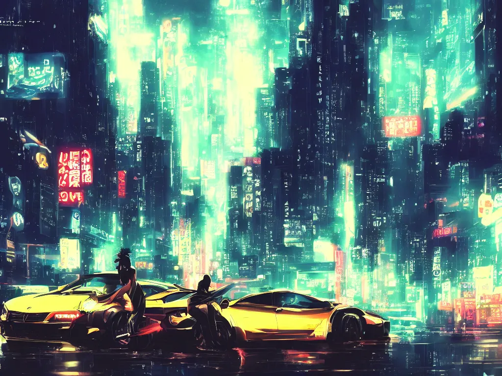 Prompt: Kanye West with JDM car at Tokyo at night sky full of stars with a lot of neon lights buildings makoto shinkai style, pixiv, 4k, wallpaper, high quality