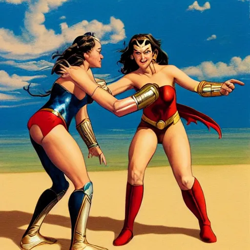 Prompt: padme and wonder woman wrestling at the beach, 8k photo, joe Jusko, artstation, Frank Frazetta