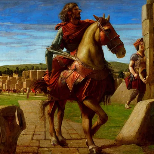 Prompt: the trojan horse outside the gates of troy in the style of john william waterhouse, oil on canvas, 4 k resolution