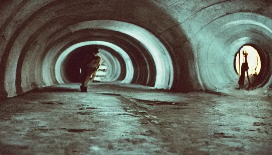 Prompt: 7 0 s movie still of a melting man in a sharp tunnel, cinestill 8 0 0 t 3 5 mm technicolor, heavy grain, high quality, high detail