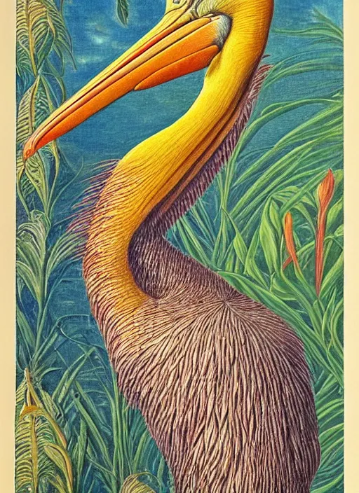 Image similar to pelican portrait, detailed vintage botanical flower feathers, vivid color pencil drawing, Ernst Haeckel