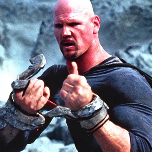 Prompt: stone cold steve austin destroying the one ring in mt. doom