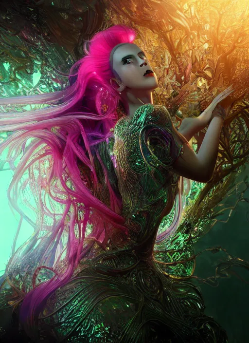 Prompt: beauteous practical sumptuous biomechanical with incredible iridescent pearlescent voluminous neon hair, crystalline masterpiece incrustations, hyperdetailed face, elegant pose, movie still, intricate, octane render, cinematic forest lighting, unreal engine, crepuscular rays, god rays