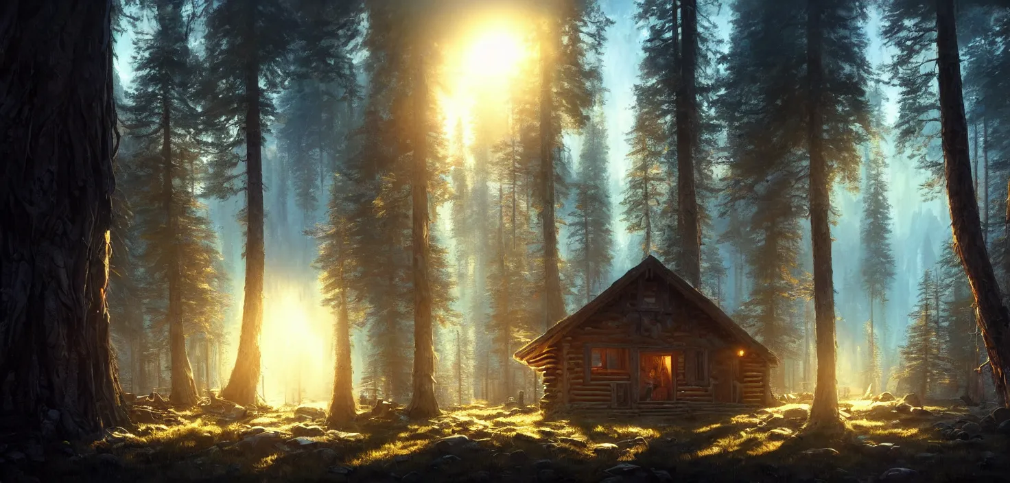 Image similar to concept art of an inside of a cabin in the woods closeup, cinematic view, epic sunny sky, detailed, concept art, high detail, warm lighting, volumetric, godrays, vivid, beautiful, trending on artstation, by jordan grimmer, huge scene, art greg rutkowski