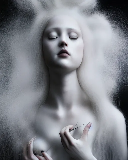 Image similar to monochrome, dreamy, subsurface scattering, white, young beautiful goddess in cosmos with very long white hair floating in air, fluid smoke art, black and white, octane render, dino valls, mark ryden, joe fenton, michal karcz, highly detailed, rim light, art, cinematic lighting, very coherent, hyper realism, 8 k