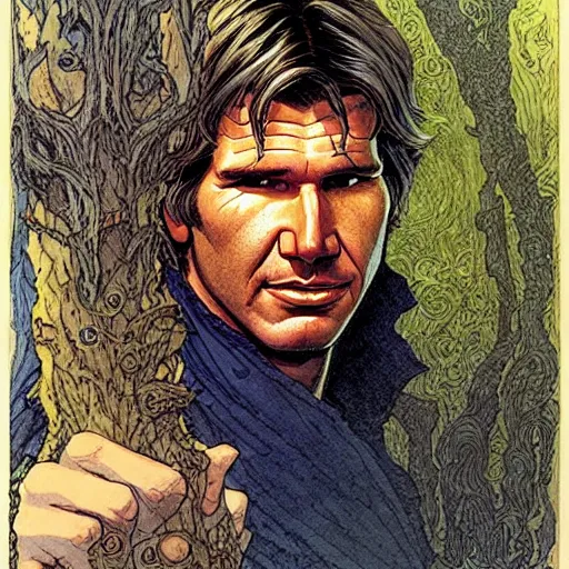 Image similar to a realistic, very beautiful and atmospheric portrait of young harrison ford as a druidic warrior wizard looking at the camera with an intelligent gaze by rebecca guay, michael kaluta, charles vess and jean moebius giraud