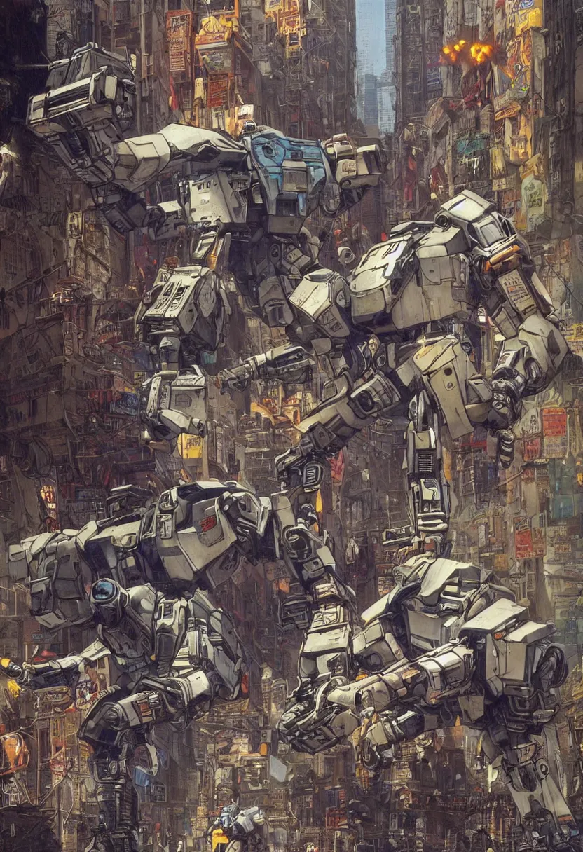 Image similar to chappie battles ed - 2 0 9 in a ghetto in nyc, circa 9 0 0 0, designed by syd mead moebius sorayama jack kirby, hdr, photorealistic, graffiti background, octane render, 8 k