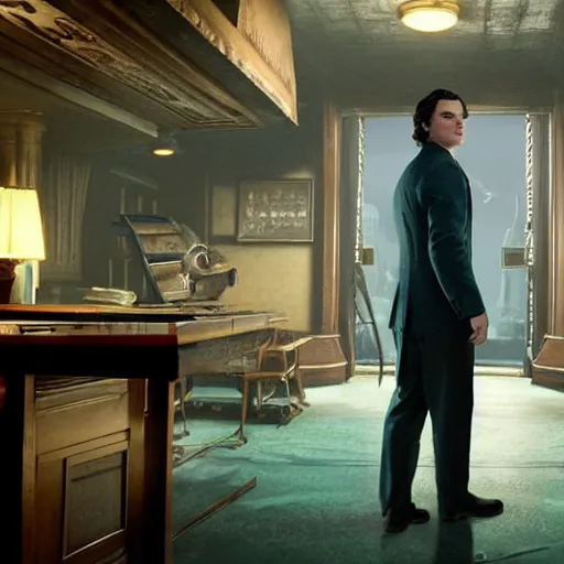 Image similar to a highly detailed cinematic photo from a live - action bioshock movie. andrew ryan, portrayed by evan peters, is shown standing in a 1 9 3 0's office with a large desk in front of an immense floor - to - ceiling window looking out into the underwater city of rapture. sea life including a blue whale is shown outside of the window