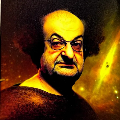 Prompt: legendary space warrior salman rushdie from the year 3 0 0 0, portrait by rembrandt