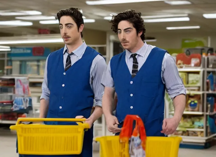 Prompt: film still of ben feldman!!! as jonah simms wearing his blue vest uniform, in superstore, 2 0 1 5