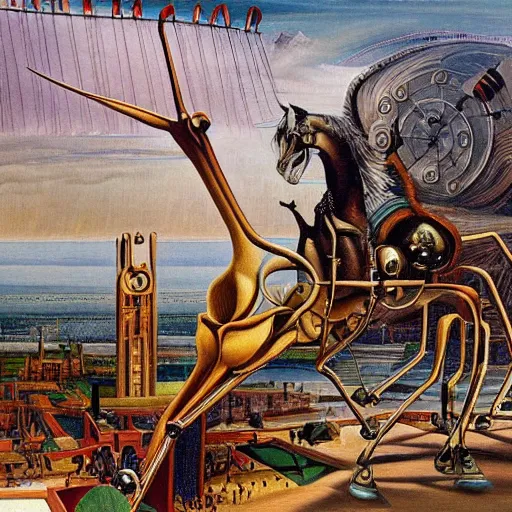 Image similar to an extremely long and spindly mechanical horse in a futuristic victorian city, oil painting, style of salvador dali and richard dadd