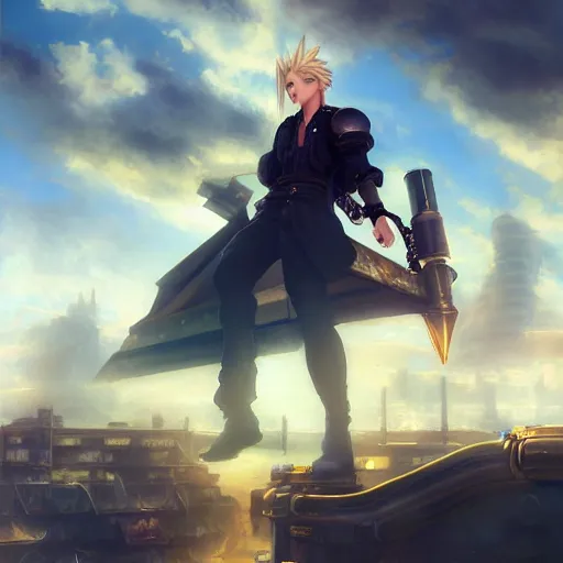 Prompt: a portrait painting ofcloud strife from final fantasy 7, midgard steam punk city as backdrop, by greg rutkowski, artgerm, wlop, ruan jia, krenz cushart, alphonse mucha, marble, gold, unreal engine 5