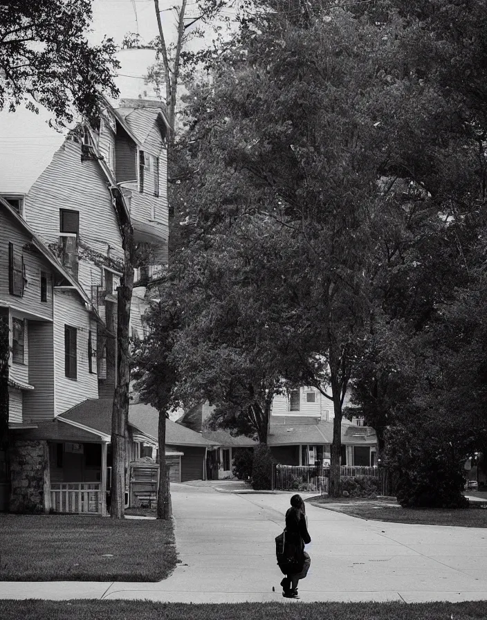 Prompt: “ quiet american neighborhood, a woman waiting holding a backpack, in the style of gregory crewdson ”