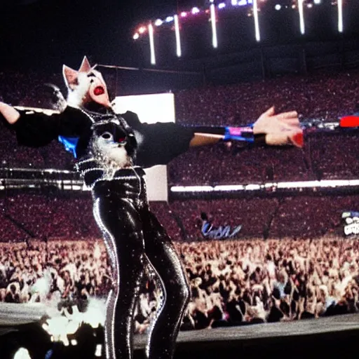 Prompt: cat performing at the super bowl half time show in 1 9 8 9, tv still, sponsored by pepsi