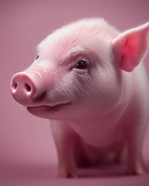 Prompt: A studio portrait of the cutest pink piglet you\'ve ever seen, highly detailed, bokeh, 90mm, f/1.4