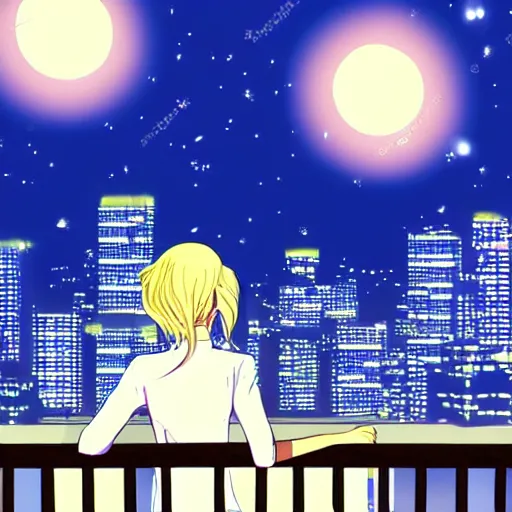 Prompt: a blonde woman stands on her balcony looking out at a city street at night, anime style