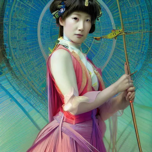 Image similar to a highly detailed portrait of a futuristic japanese princess, neon colored dress, beautiful detail and color, art by john collier and albert aublet and krenz cushart and artem demura and alphonse mucha, volumetric lighting, octane render, 4 k resolution, matte, sharp focus, illustration, art by jacque - louis david, baroque style