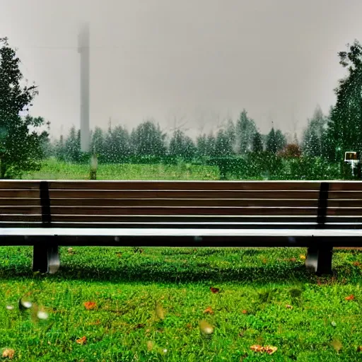 Prompt: a wide - shot illustration of a modern bench in the rain, the bench being the main focus, symmetrical with the frame, 1 6 k resolution, raining, trees in the background, mid - winter, zoomed out, ambient lighting