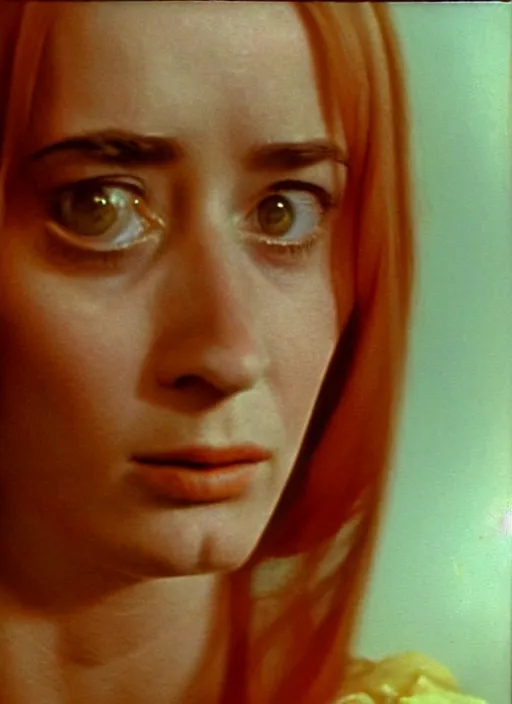 Prompt: 1973 film still from an Italian drama film of a bemused teenage Emily Blunt as the goddess of orange. staring intently at you. focused on her eyes. ultra detailed painting at 16K resolution and amazingly epic visuals. epically beautiful image. amazing effect, image looks gorgeously crisp as far as it's visual fidelity goes, absolutely outstanding. vivid clarity. ultra. iridescent. mind-breaking. mega-beautiful pencil shadowing. beautiful face. Ultra High Definition. godly shading. amazingly crisp sharpness. photorealistic film cel processed twice..