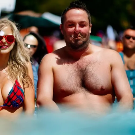 Image similar to photo of a 4 0 year old man that looks young for his age dating a very attractive 2 2 year old woman wearing a bikini. they at a rally.