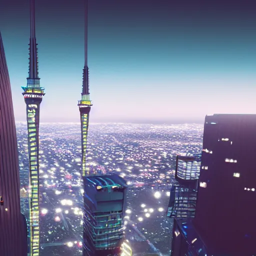 Image similar to auckland sky tower furturistic beacon, dynamic lighting, cinematic composition, upside down stranger things, cyberpunk, evil, artstation, octane render