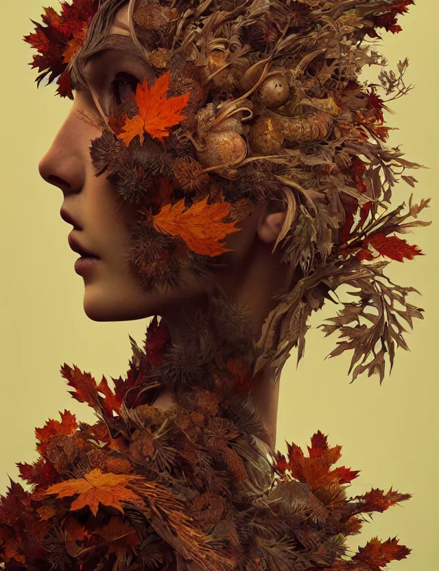 Image similar to 3 d goddess close - up profile portrait wearing a beautiful intricately detailed autumn mask, fall leaves, thistles, phoenix, dried plants, foxes, wind, creature, artwork by tooth wu and wlop and beeple and greg rutkowski