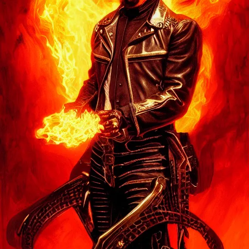 Image similar to handsome Keanu Reeves as Ghost Rider, western, closeup, D&D, fantasy, intricate, elegant, highly detailed, digital painting, artstation, concept art, matte, sharp focus, illustration, art by Artgerm and Greg Rutkowski and Alphonse Mucha