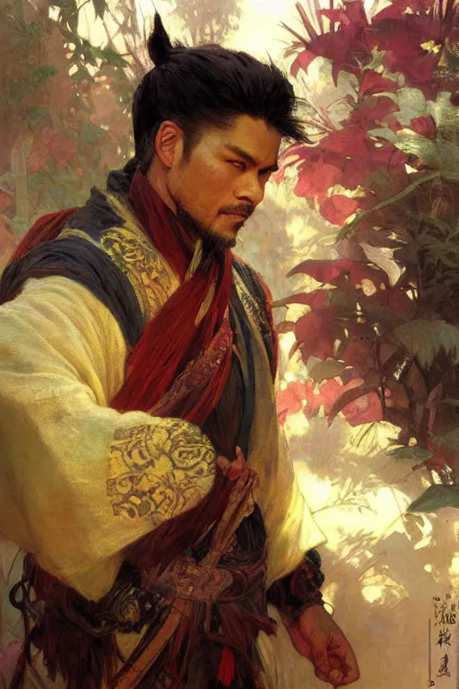 Image similar to attractive man, wuxia, colorful, painting by gaston bussiere, craig mullins, greg rutkowski, alphonse mucha