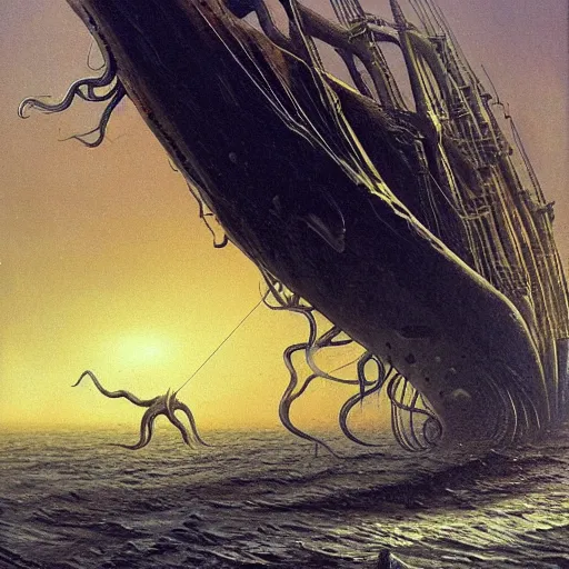 Prompt: a giant squid attacking a ship, tentacles wrapping around, by gerard brom and zdzisław beksinski