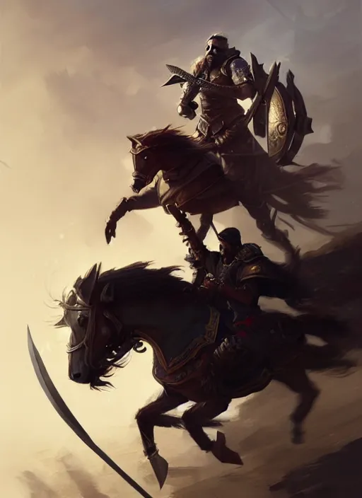 Prompt: epic bearded war commander holding two gigantic sword and wearing shield riding a running horse. highly detailed, digital painting, concept art, smooth, sharp focus, illustration, art by greg rutkowski