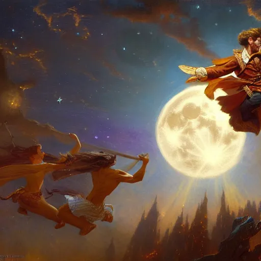 Image similar to attractive male wizard magically floating and flying high in the night sky, fantasy, full moon in background. highly detailed painting by gaston bussiere, craig mullins, j. c. leyendecker, mid shot, 8 k