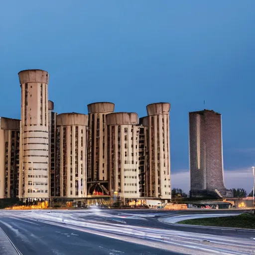 Image similar to a wide shot of a soviet beautiful brutalist monumental multi - building structure, tall buildings with spaceship parking lots on top, with many rounded elements sprouting from the base tower creating a feel of an organic structure, photography shot at blue hour