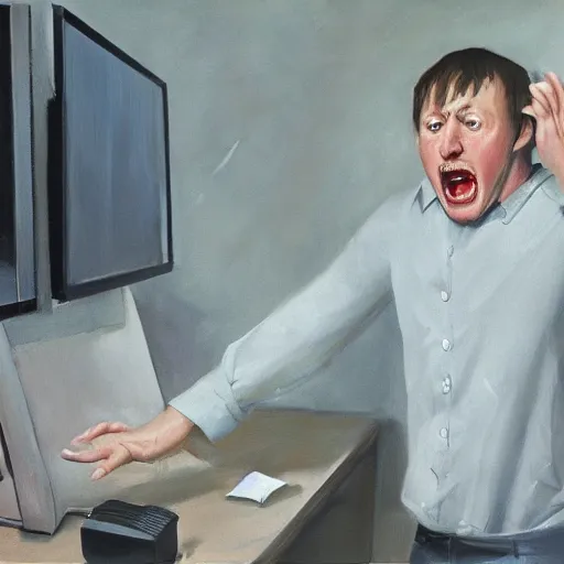 Image similar to an angry man screams at his computer monitor, oil on canvas, 1 9 6 7, highly detailed