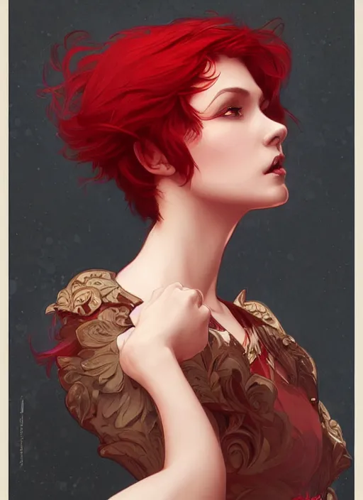 Prompt: Red short hair Portrait of woman, fantasy, intricate, elegant, highly detailed, digital painting, artstation, concept art, smooth, sharp focus, illustration, art by artgerm and greg rutkowski and alphonse mucha