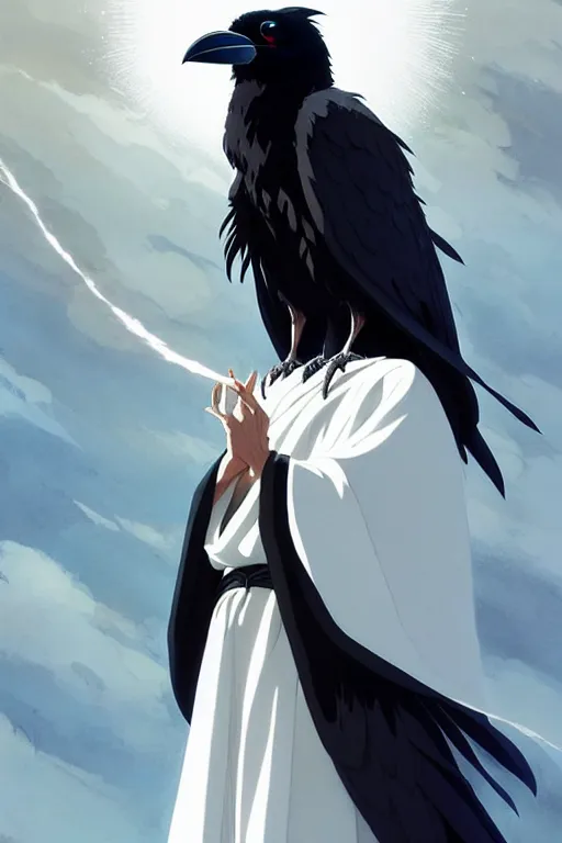 Image similar to raven headed warlock doing magic spells wind, white robes, finely detailed perfect face, exquisite details, mid view, design on a white background, by studio muti, greg rutkowski makoto shinkai takashi takeuchi studio ghibli