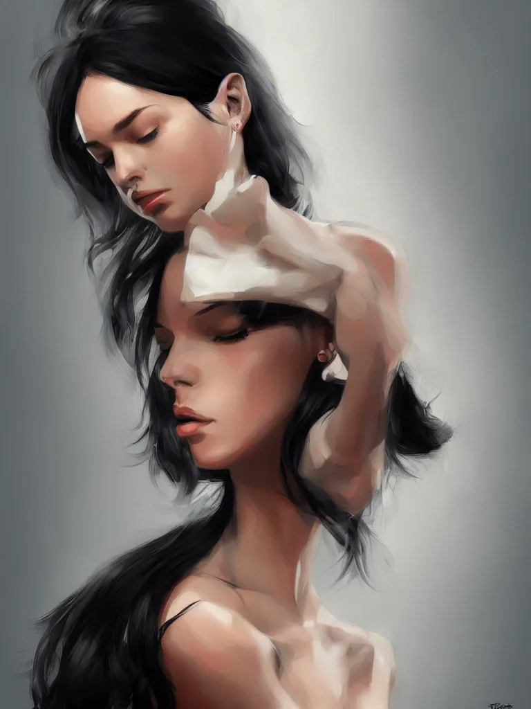 Image similar to portrait of a beautiful woman, black hair, attractive, casual, modern, highly detailed, digital painting, artstation, concept art, smooth, sharp focus, illustration, art by thomas saliot