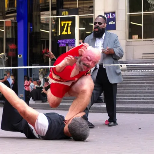 Prompt: mr. t street performer body slamming old man, detailed facial expressions