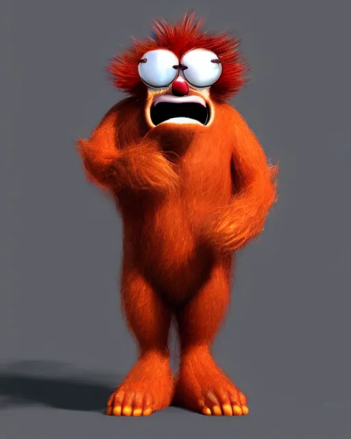 Image similar to 3 d render of completely red hairy friendly antropomorphic creature wearing chrome shades, without nose, small smile, full body, standing on 2 feet, in the style of pixar, white background, unreal engine 5, octane render, highly detailed hdr