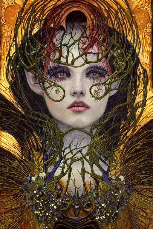 Image similar to Heart of Thorns by Karol Bak, Jean Deville, Gustav Klimt, and Vincent Van Gogh, Surreality, otherworldly, enigma, Helliquary, fractal structures, celestial, arcane, ornate gilded medieval icon, third eye, spirals, rich deep moody colors