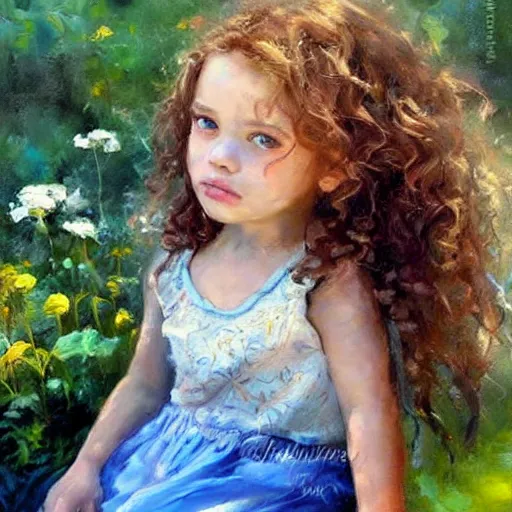 Image similar to a little girl with short curly light brown hair and blue eyes sitting in a lovely garden. beautiful painting by raymond swanland and magali villanueve, beautiful detailed face.