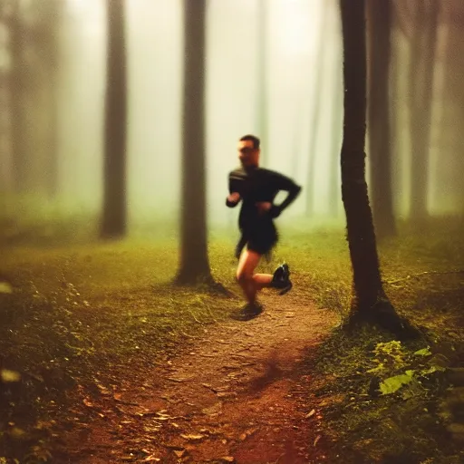 Prompt: iphone photo of someone running through the woods at night, motion blur