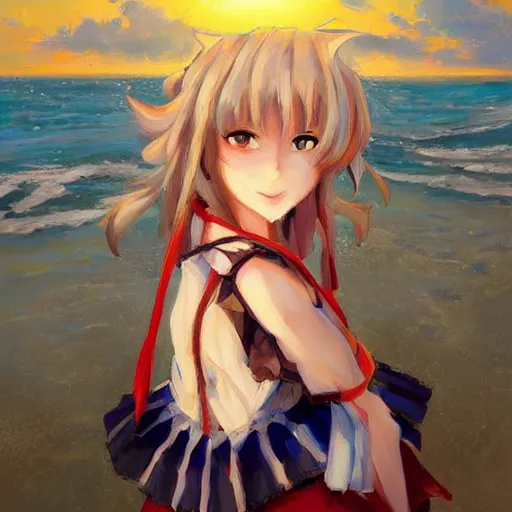 Image similar to Beautiful abstract portrait of Kirisame Marisa from the Touhou project at the beach at sunset, touhou project official artwork, danbooru, oil painting by Antoine Blanchard, sold at an auction, oil on canvas , wide strokes, pastel colors, soft lighting