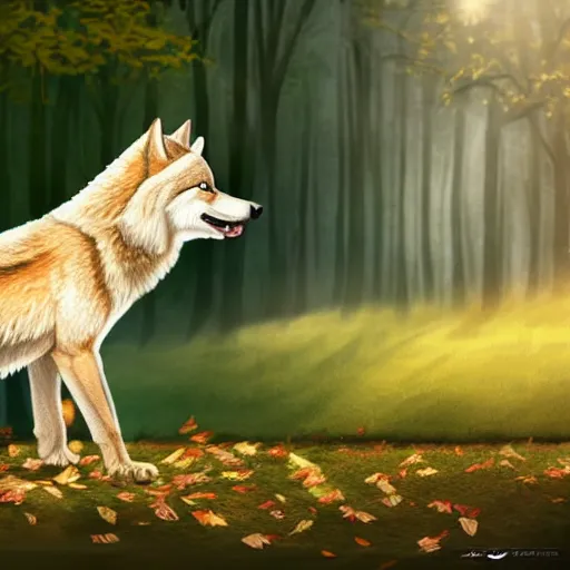 Image similar to professional stylized full - body digital art of a side profile of a cream tibetan wolf, tan and light brown accents, fluffy, falling leaves, hd, 8 k, highly detailed, high quality, cute