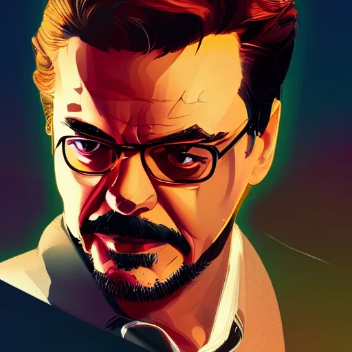 Image similar to Jack Nicholson as Tony Stark, ambient lighting, 4k, alphonse mucha, lois van baarle, ilya kuvshinov, rossdraws, artstation