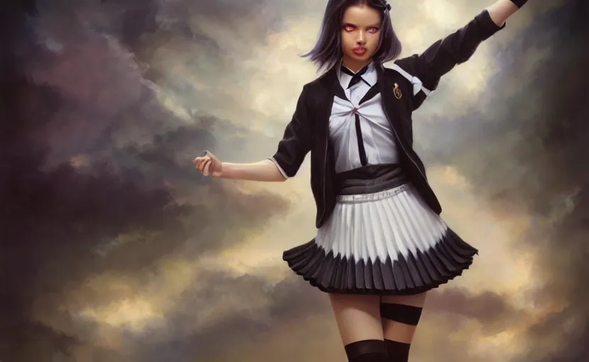 Prompt: a beautiful woman with school uniform dancing, seifuku, pleated miniskirt, overknee socks, adriana lima, painted by artgerm and tom bagshaw, fantasy art, dramatic lighting, highly detailed oil painting, volumetric lighting