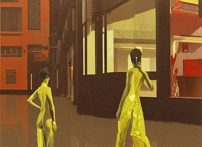 Image similar to futuristic woman with very wide head dressed in transparent gold foil plastic bags with cutouts, on flooded street Edward Hopper and James Gilleard, Zdzislaw Beksinski, highly detailed