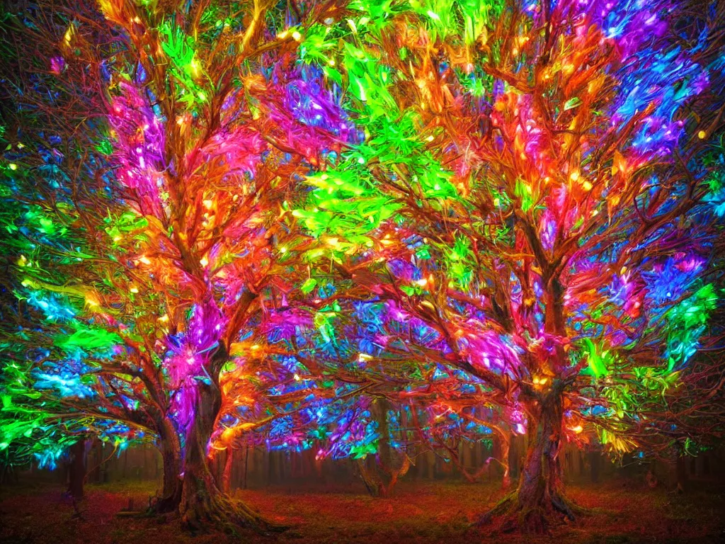 Prompt: A tree made out of brightly glowing feathers in an enchanted forest, trending on artstation