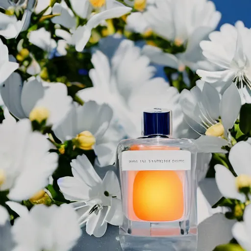 Image similar to centered bright perfume bottle sitting on a white clean surface surrounded by a plethora of white flowers and oranges upfront, with dreamy bright blue sky and clouds in the background, softly - lit, soft - warm, zen, light, modern minimalist f 2 0 clean